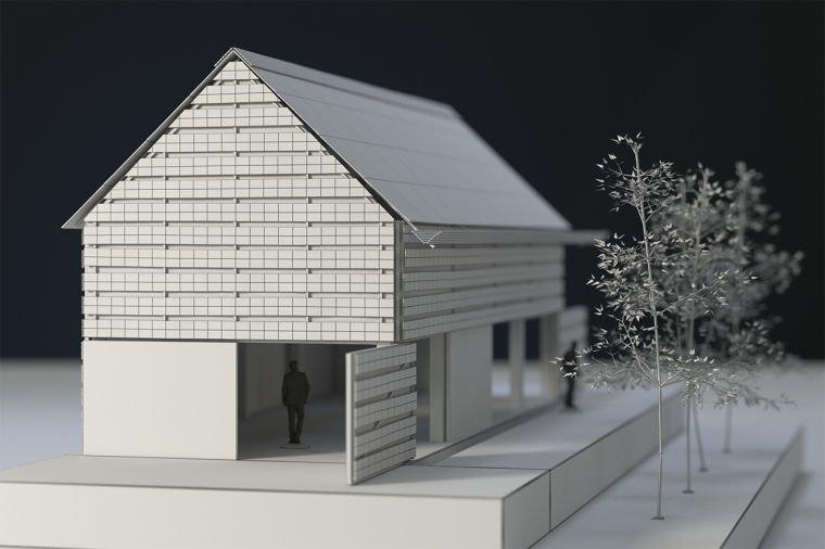 3D wireframe render of a barn conversion in the style of a scaled physical model