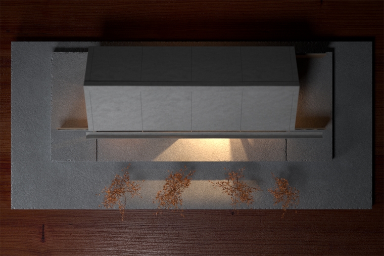 3D render of a barn conversion in the style of a scaled physical model at night